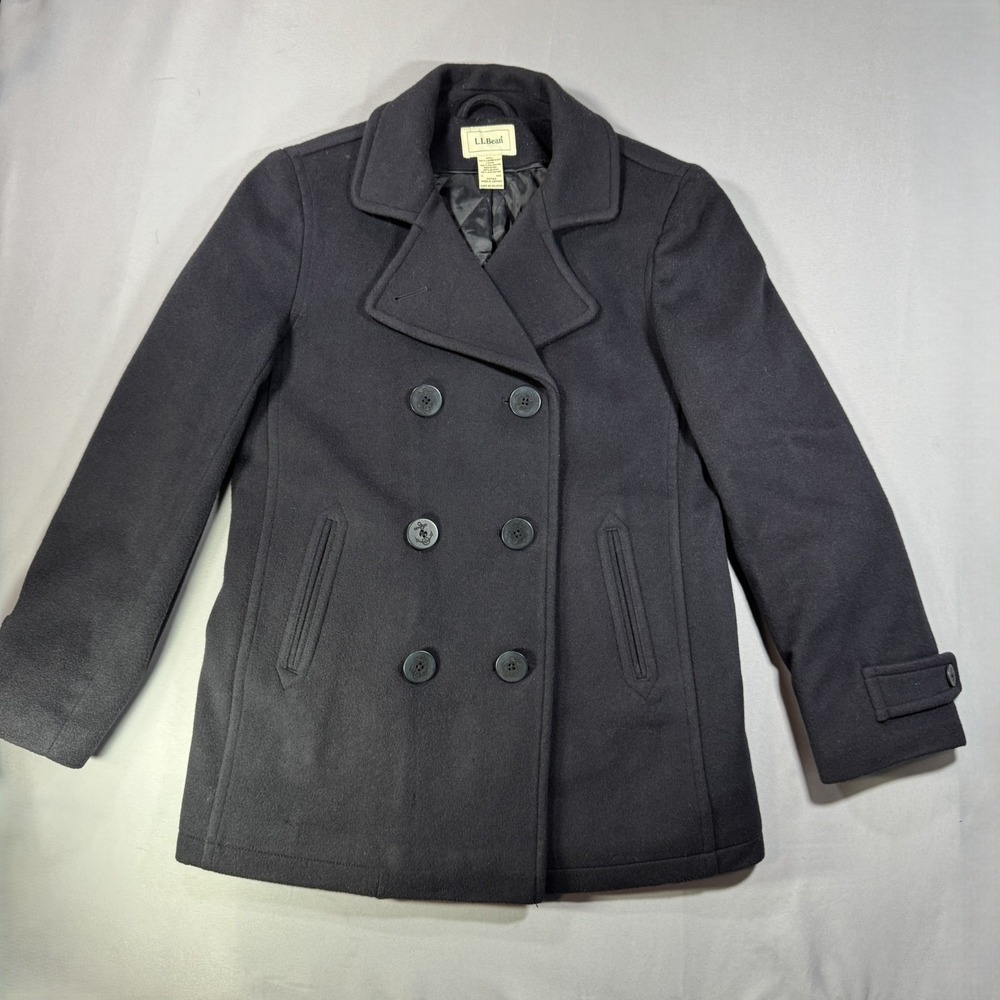 LL Bean Womens 4 Lambswool Peacoat Navy Blue Insulated Double Breasted Wool Coat